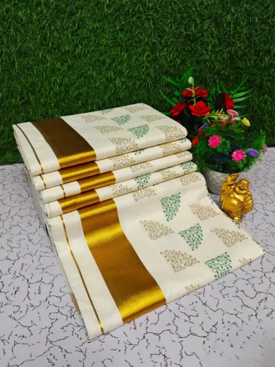 Elegant Leaf Weave Kerala Cotton Saree